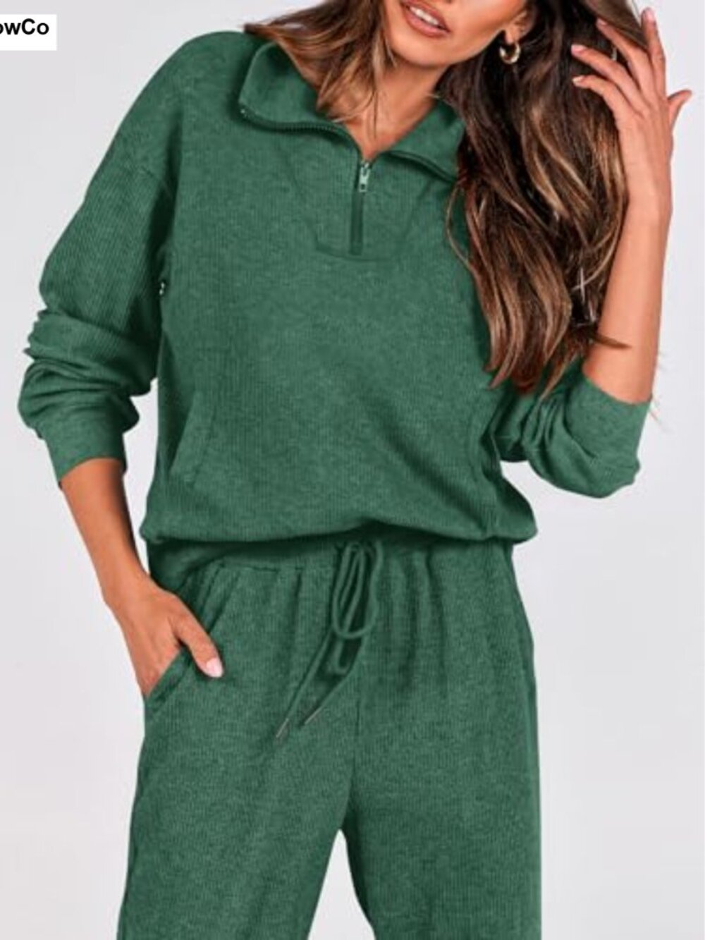 Women's 2 Piece Ribbed Knit Lounge Set with Half Zip and Pockets - Picture 4 of 6